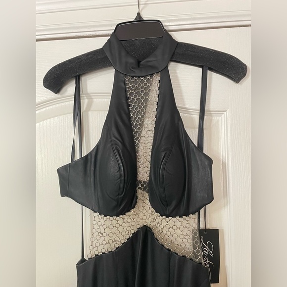 LA FEMME Black Vegan Leather Metal Chain Dress - Picture 4 of 13